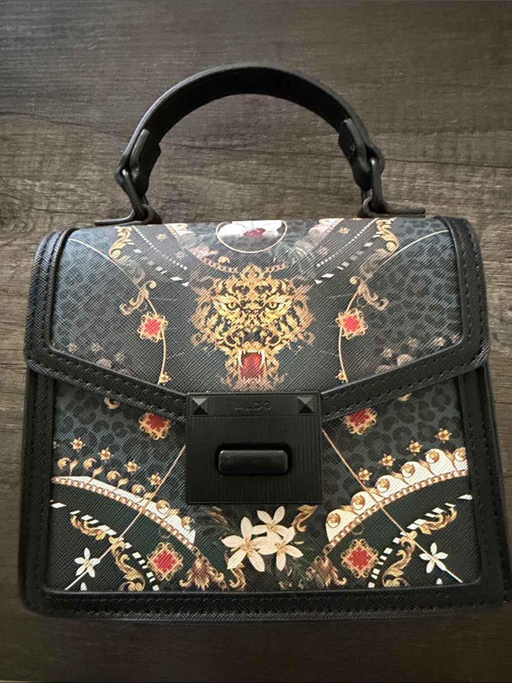 Aldo Black Mini Top-Handle Bag with Gold and Red Accents